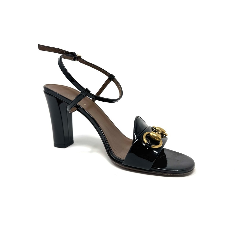Gucci Horsebit Black Patent Leather Platform Sandals – Ankle Strap Peep Toe 7.5